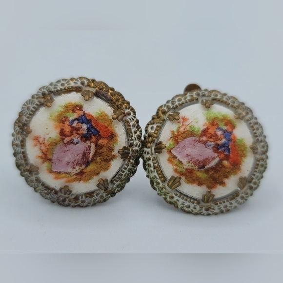 Vintage Germany Courting Couple Clip On Earrings #763 - Picture 7 of 14